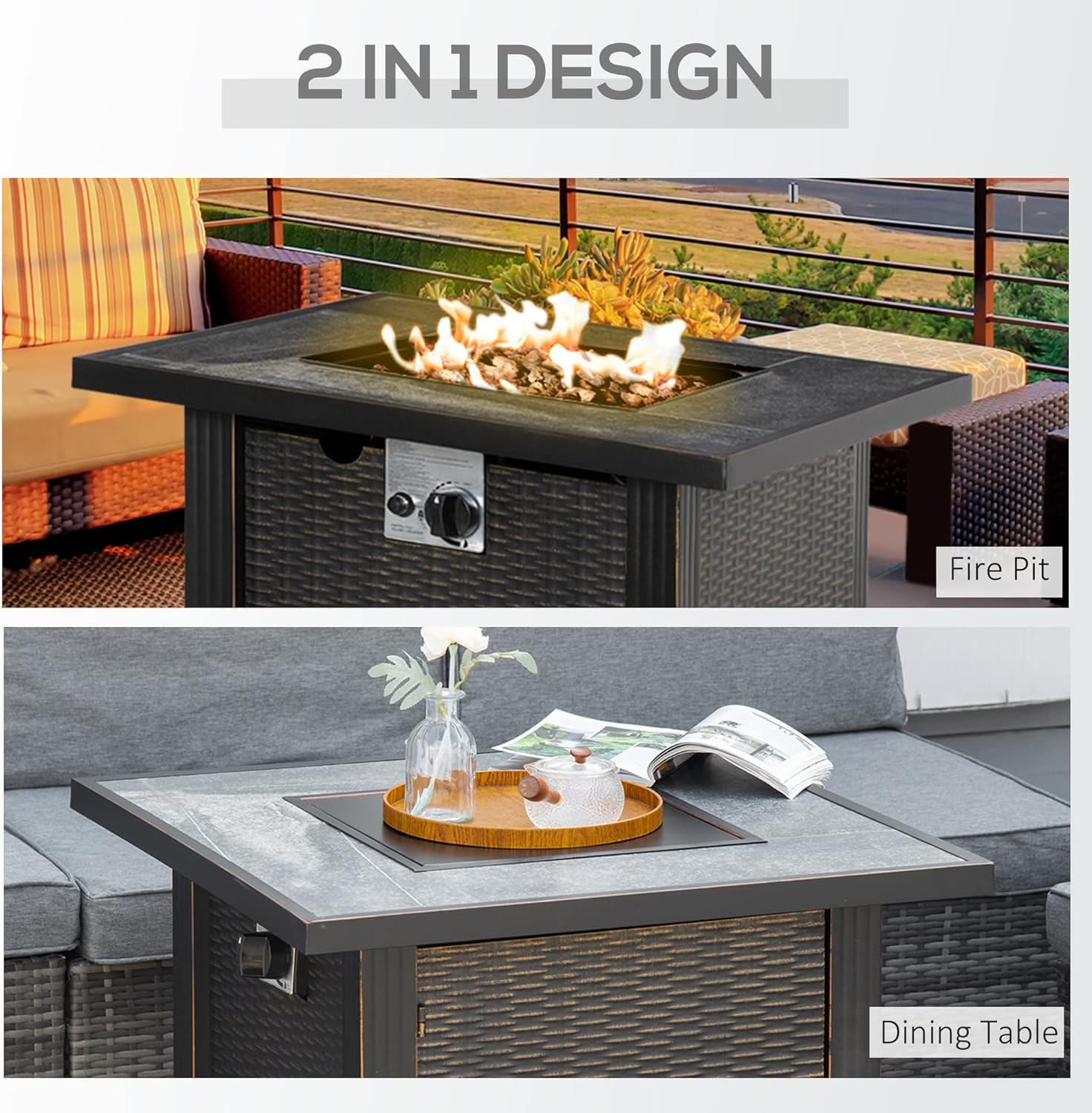GOWE Outdoor Propane Gas Fire Pit Table, Auto-Ignition Square Wicker-Effect Gas Firepit with Ceramic Tabletop