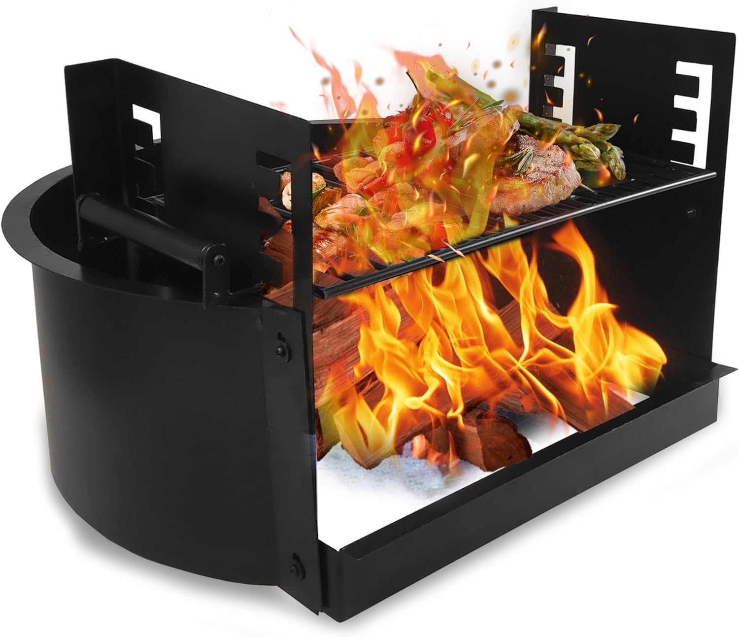 FEBTECH - Outdoor Fire Pit Insert Ring Liner with Adjustable Cooking Grill Grate - Heavy Duty Wood Burning Fire Pit with Cooking Grate for Outdoor Cooking Fireplace, Bonfire or Campfire Black