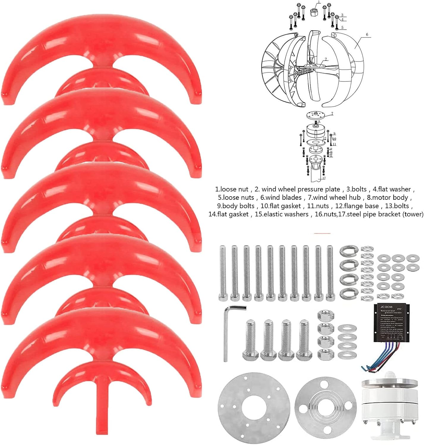 12000W Wind Turbine Generator with Controller,12V/24V/48V 5 Blade Windmill Generator Wind Turbine Businesses Turbine Generator Kit for Home Camping, Red