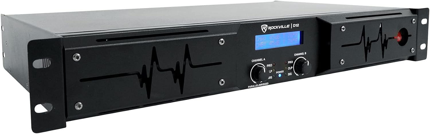 Rockville D12 5000W Peak/1400W RMS 2-Channel Class D Amplifier, LCD Display, Crossover Switch, Rack-Mountable, 4/8 Ohm Power Output, for DJs and Live Sound