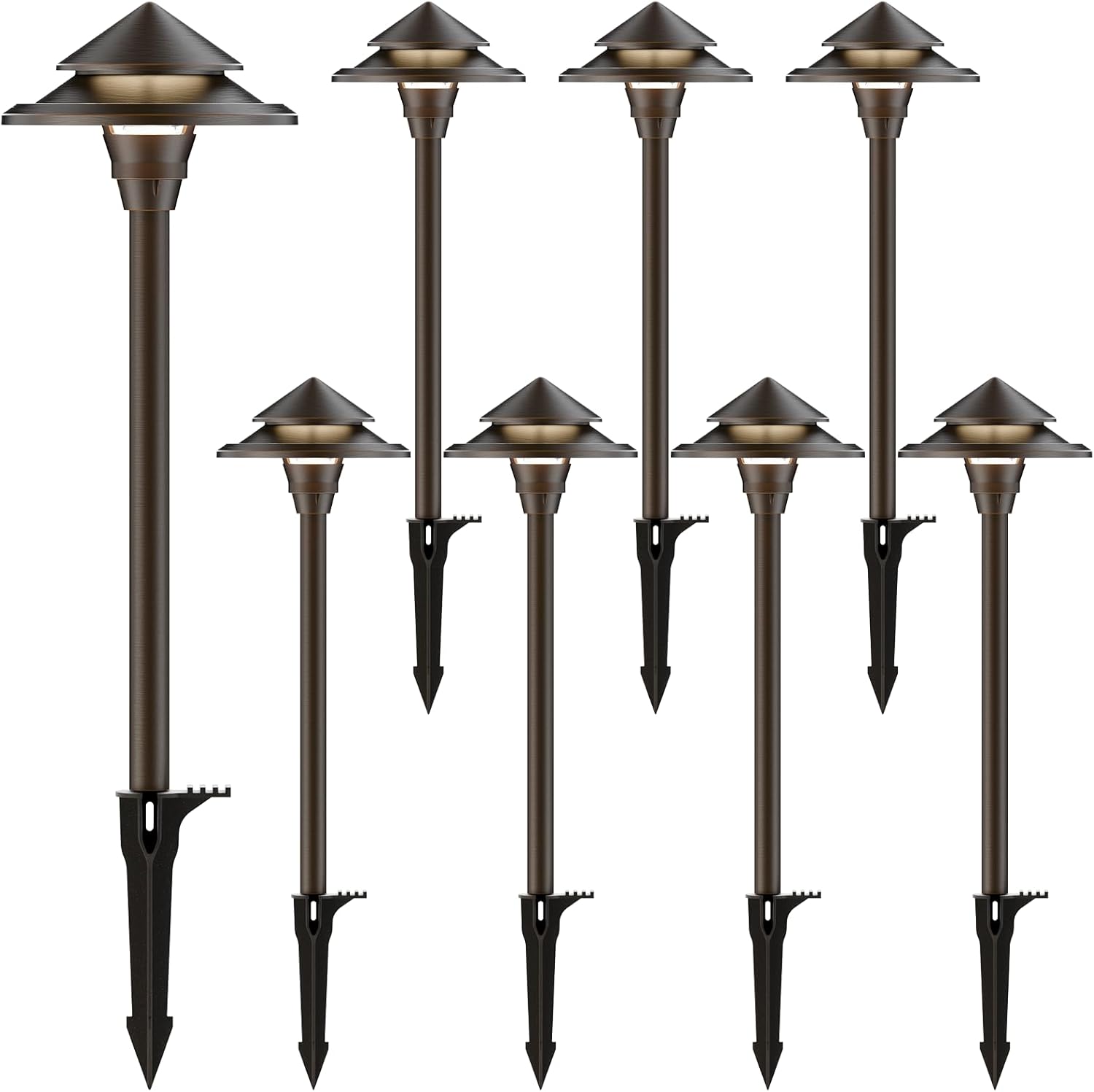 GOODSMANN Low Voltage Landscape Lighting 8PK LED Path Lights Oil Rubbed Bronze 4W 32 Lumen Hardwired 2 Tier Pagoda Landscape Pathway Lights 3000K Warm White Metal Stakes Cable Connectors
