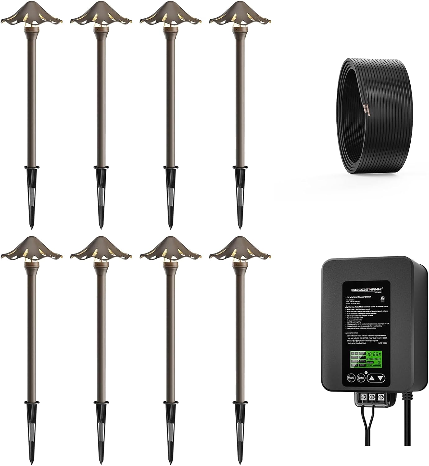 GOODSMANN Pathway Lights Kits 3W LED 8PK Outdoor Low Voltage Landscape Lighting 180 Lumen Hardwired Path Lights with 300W Low Voltage Transformer 1PCS 100FT 16AWG Landscape Lighting Wire