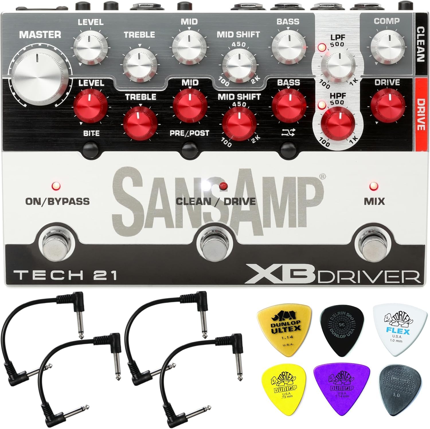 Tech 21 SansAmp XB Driver Bass Preamp - Bundle with 4 Patch Cables and Dunlop Bass Pick Pack
