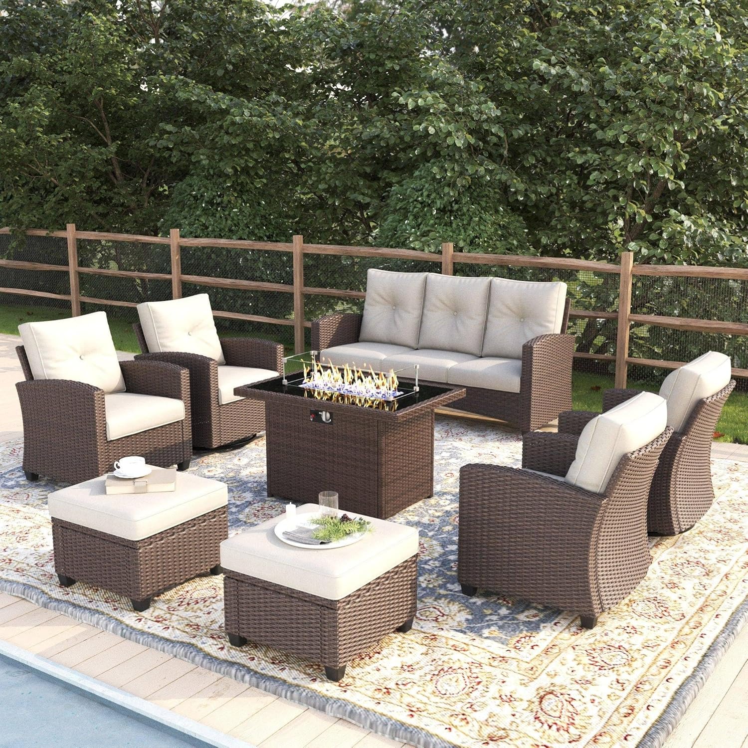 8 Pieces Patio Furniture Swivel Chairs Set with Fire Pit Table, Outdoor Wicker Glider Rocking Chairs with Sofa Set