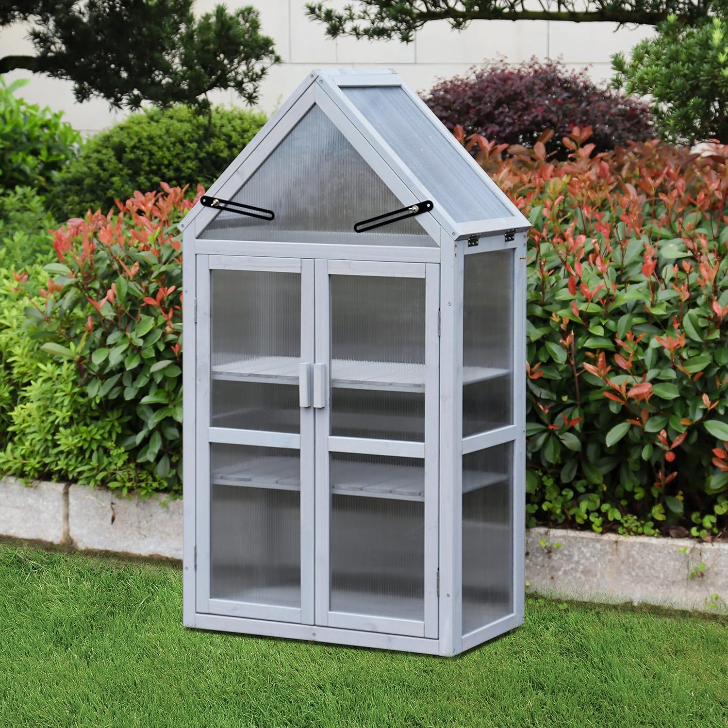 GDFStudio Mini Greenhouse Kit with Adjustable Shelves, Small Outdoor Green House Plant Stand with Adjustable Roof Panels and Wall Brackets Garden & Patio Accessories for Garden Patio Indoor Use, Gray