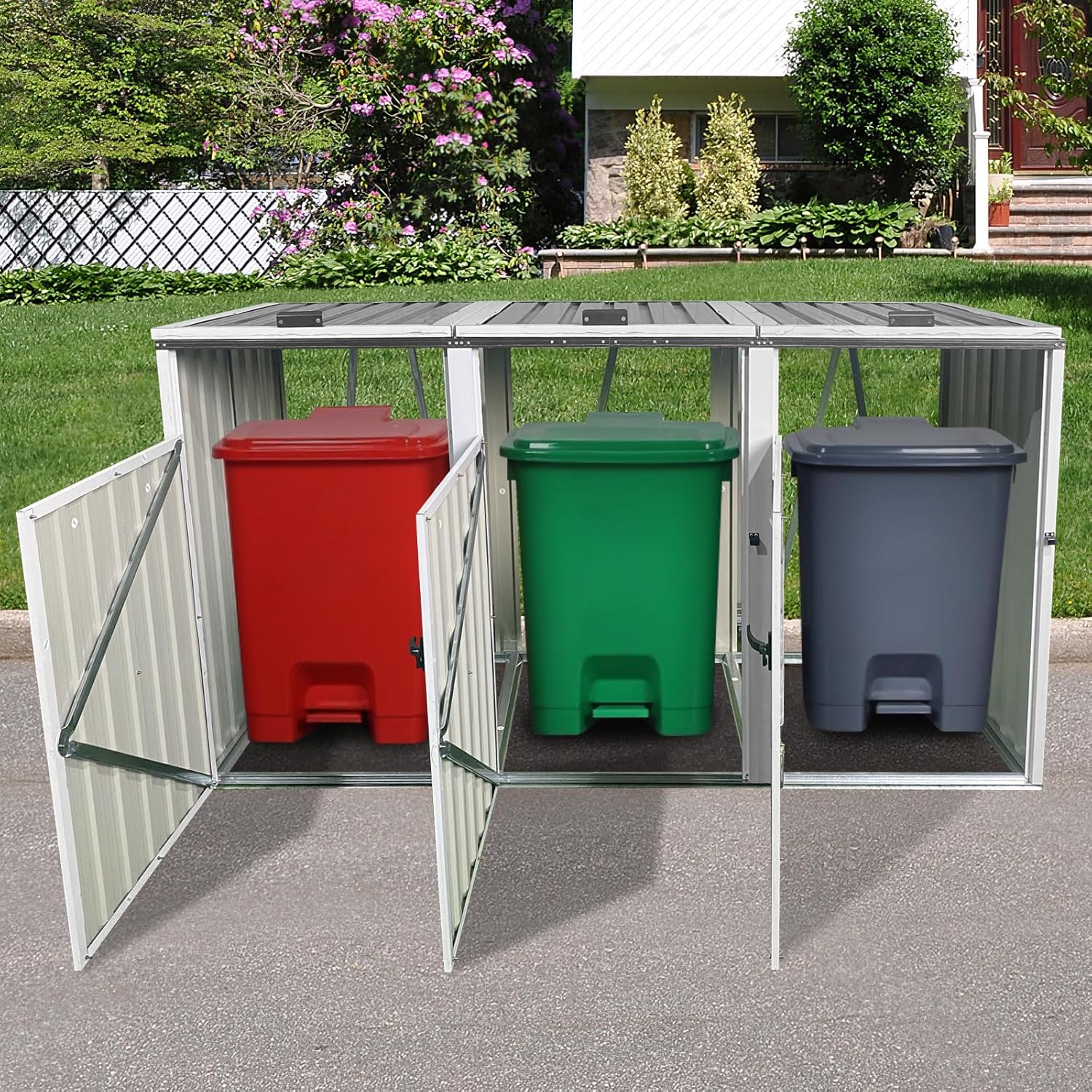 Trash Bin,Waterproof Trash Bin Outdoor Enclosure,9X3 FT Metal Garbage Bin Storage Shed Stores,with 3 Cans,Lid and Lockable,Sheds House Shelter w/Ventilated,for Campsites,Courtyards,White Lime