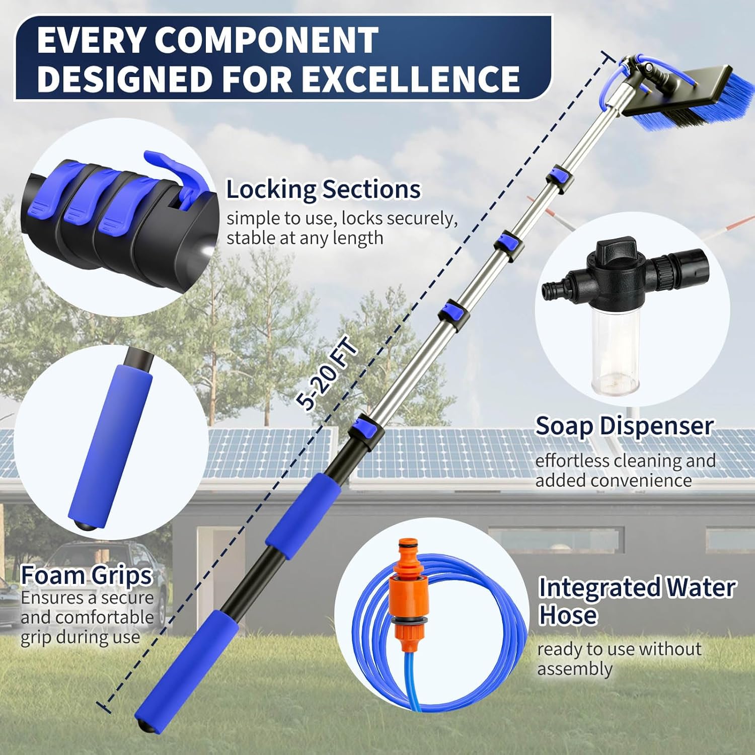 20FT Water Fed Solar Panel Cleaning Kit, Telescopic Solar Panel Cleaning Brush with Extension Pole & Soap Dispenser for Household & Outdoor