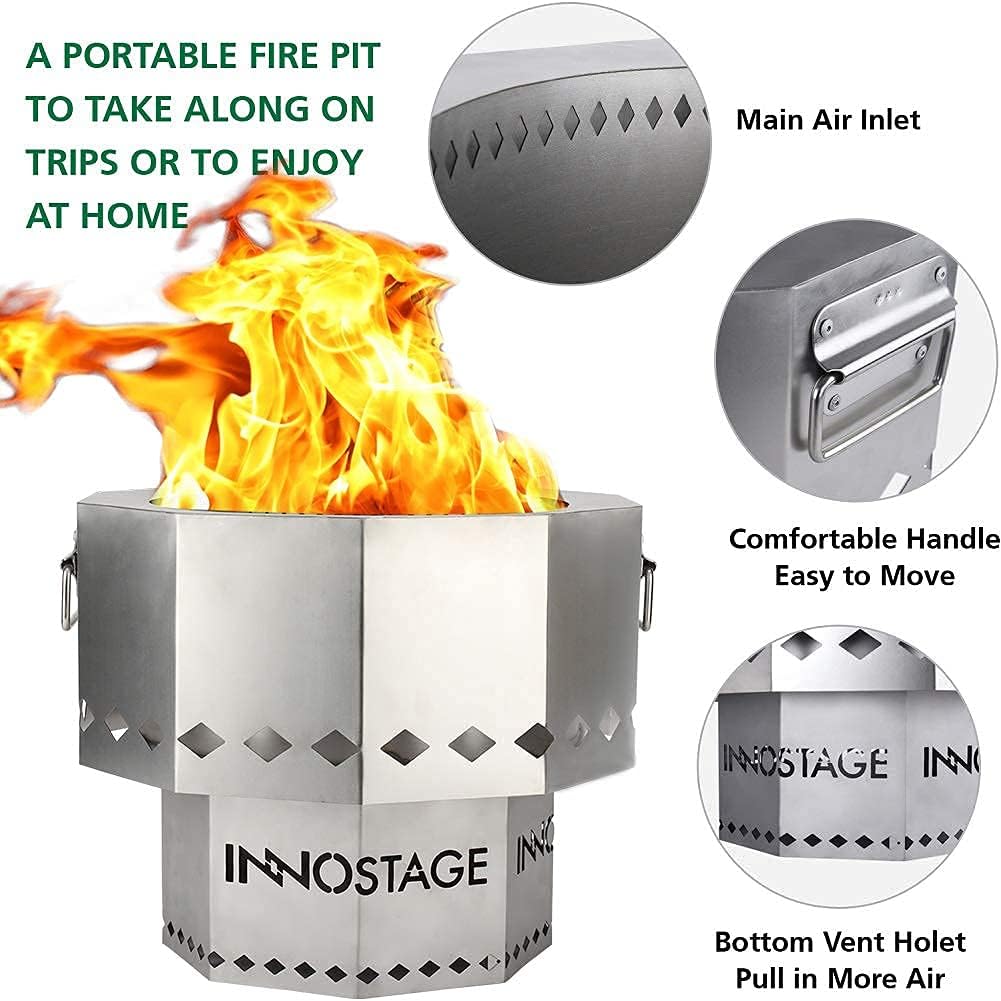 Patented Stainless Bonfire Fire Pit with Portable Carrying Storage Bag and Ash Bucket with Lid and Wood Handle Coal Shovel