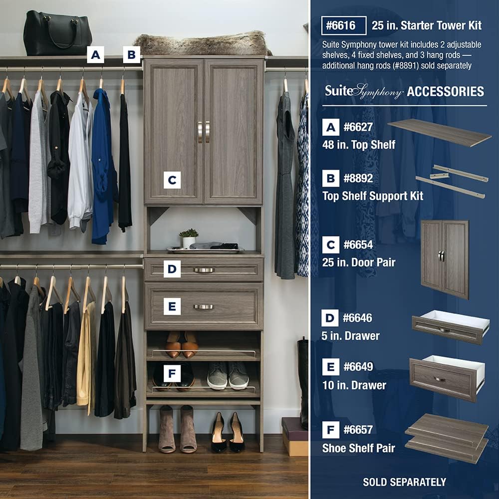 ClosetMaid SuiteSymphony Wood Closet Door Set Pair, Add On Accessory, Shaker Style, for Storage, Clothes, for 25 in. Units, Graphite Grey/Satin Nickel