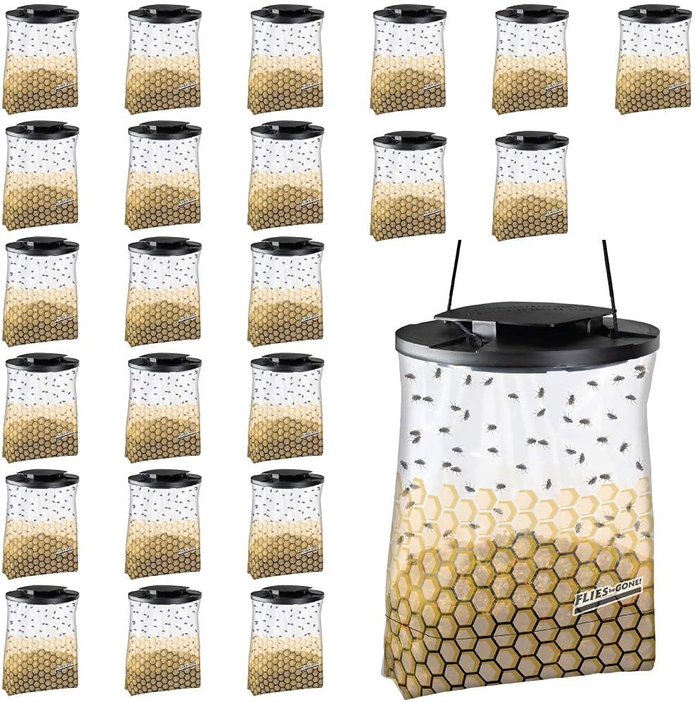 Flies Be Gone Fly Trap - Reusable Container with Patent Pending Screw Lid – Non-Toxic, Poison and Pesticides Free KM34 Fly Attractant - for Outdoor Home and Commercial Use (50 Traps)