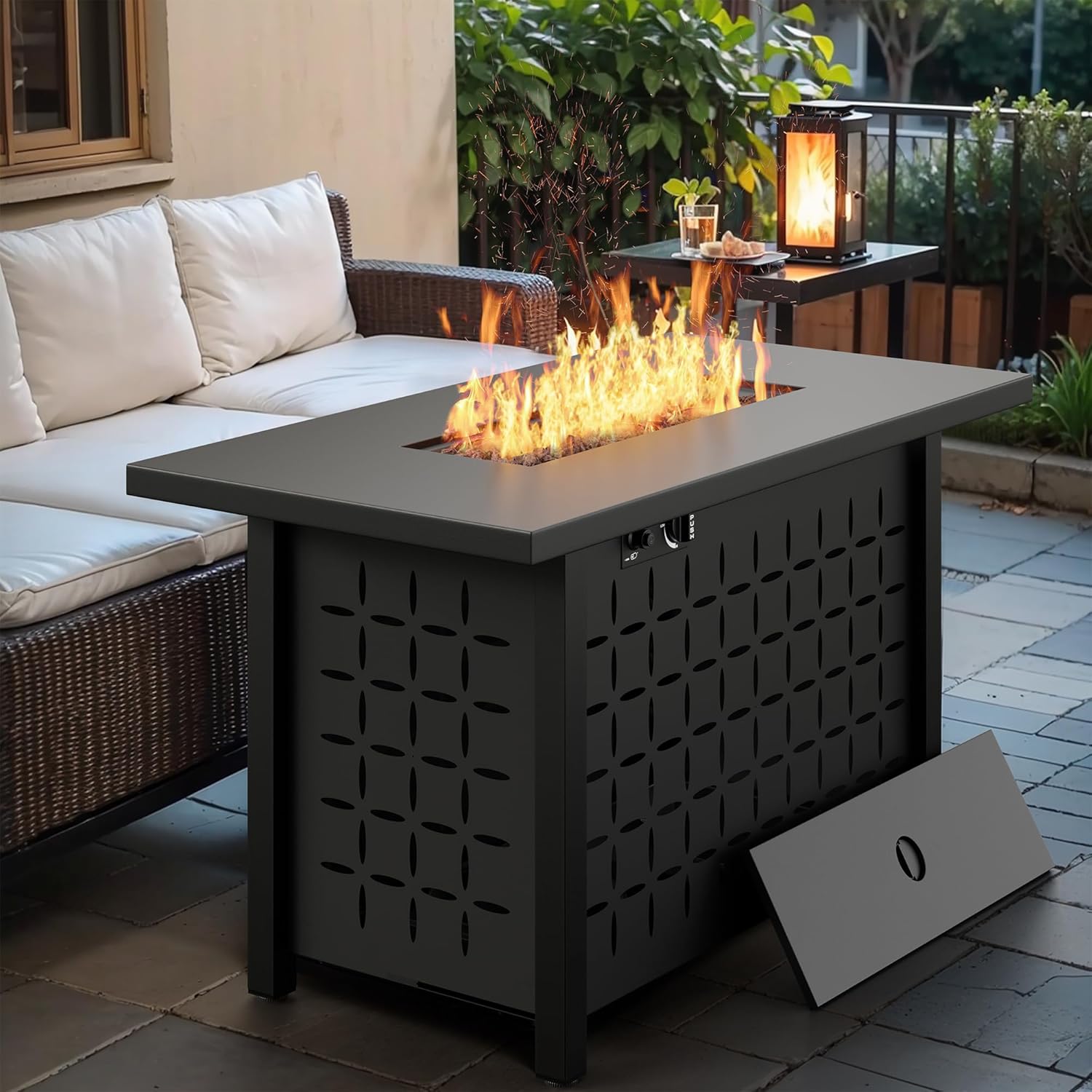 Vongrasig 43 Inch Propane Fire Pit, Outdoor Gas Fire Pit Table with Lid, Lava Rock, 50,000 BTU 2 in 1 Rectangular Table Top Firepit for Patio, Deck, Garden, Backyard