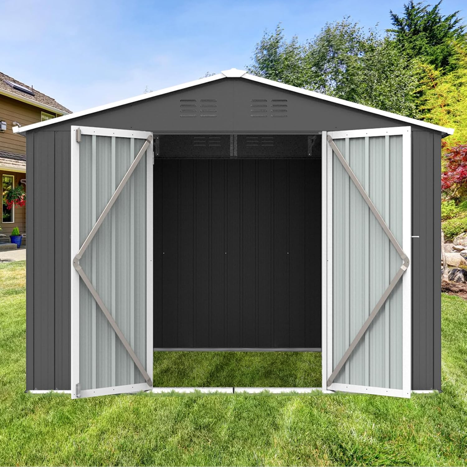 Herringbone Metal Garden Shed 6ftx8ft Outdoor Storage Shed, Heavy-Duty Steel Construction, Weather-Resistant Utility Shed for Garden Tools - Lawn Equipment (Grey)