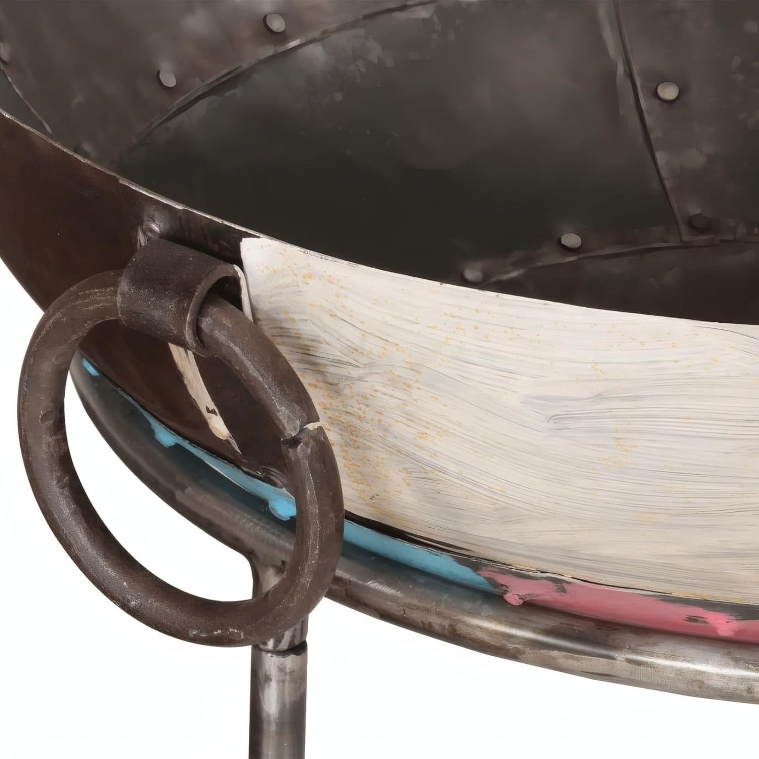 Penau Outdoor Round Fire Pit Bowl, Iron Construction, Portable with Two Handles and 3 Legs for Stability, Large Deep Bowl for Gatherings, Multicolor Mixed Finish, 21.7 x 21.7 x 15 Inchs