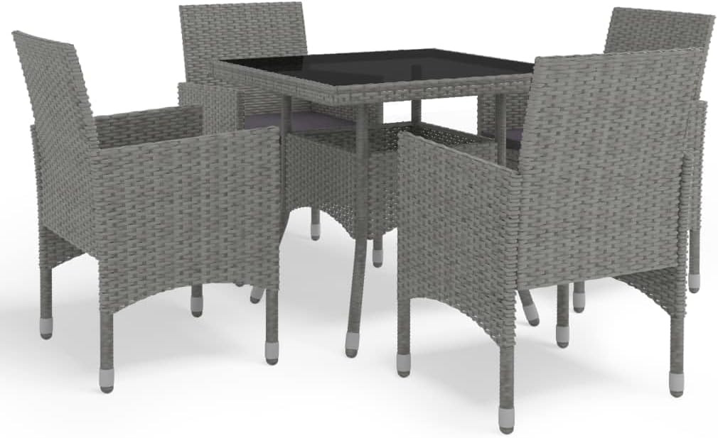 Grey Poly Rattan Outdoor Dining Set, Tempered Glass Top, Powder-Coated Steel Frame, 4 Person Patio Furniture, Balcony Garden Table and Chairs