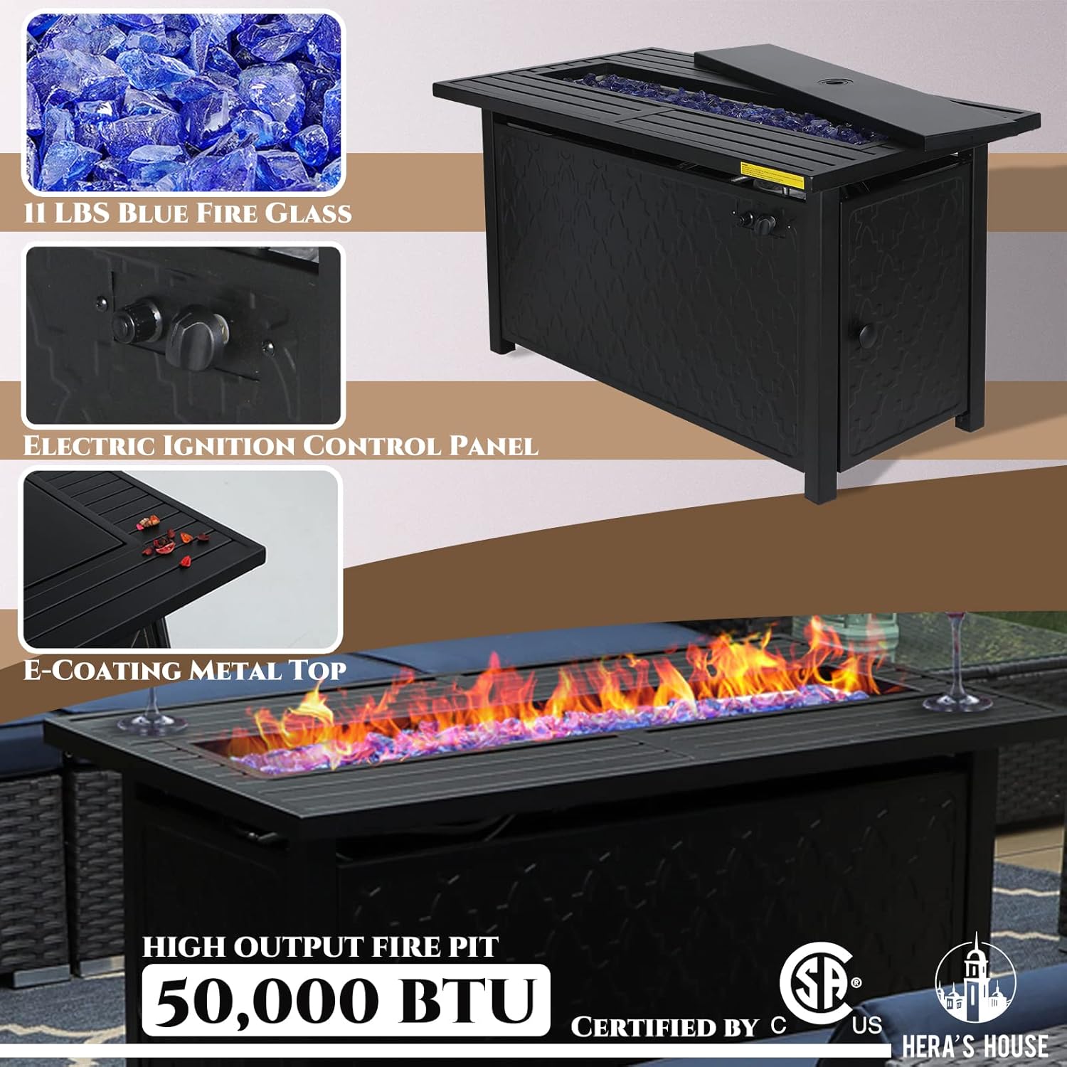 HERA'S HOUSE 4 Pieces Patio Furniture Set with Fire Pit Table, 2 x Single Chair, 3-Seat Sofa with 45