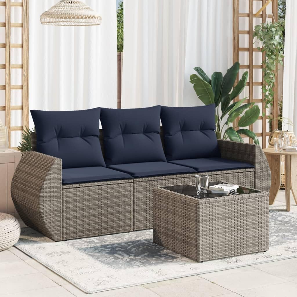 4 Piece Patio Sofa Set, Gray Poly Rattan Outdoor Furniture with Cushions, Tempered Glass Tabletop, Modular Design for Backyard, Terrace