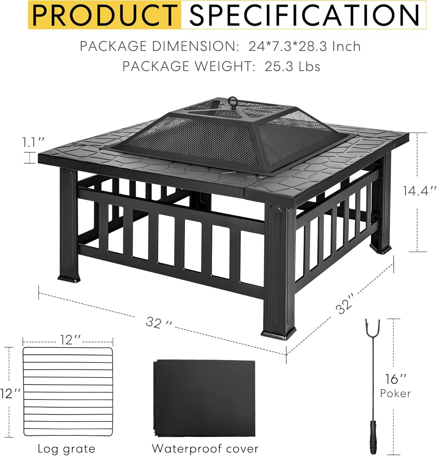 VIVOHOME 32 Inch Heavy Duty 3 in 1 Metal Square Patio Firepit Table BBQ Garden Stove with Spark Screen Cover Log Grate and Poker for Outside Wood Burning and Drink Cooling Black