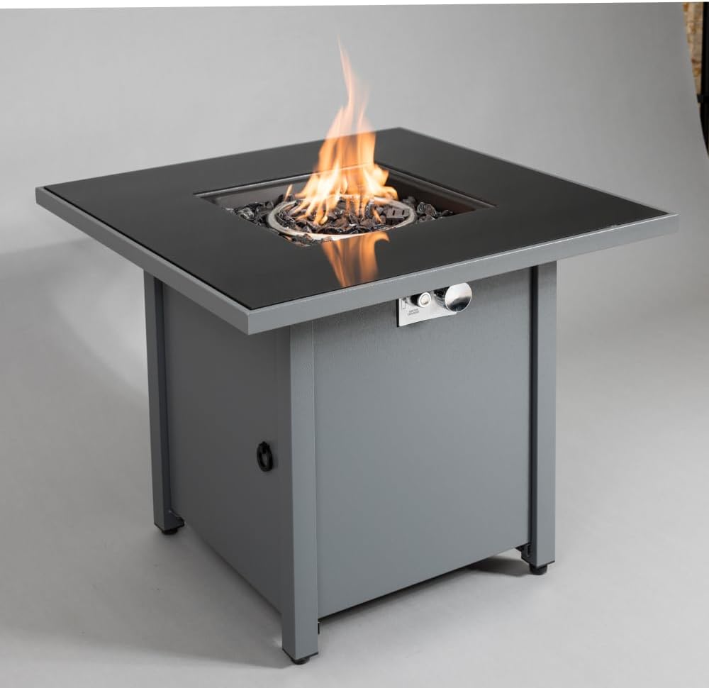 Modern Steel Outdoor Fire Pit Table with Smoked Glass Top and Lid | Propane Gas Firepit for Patio Garden Backyard
