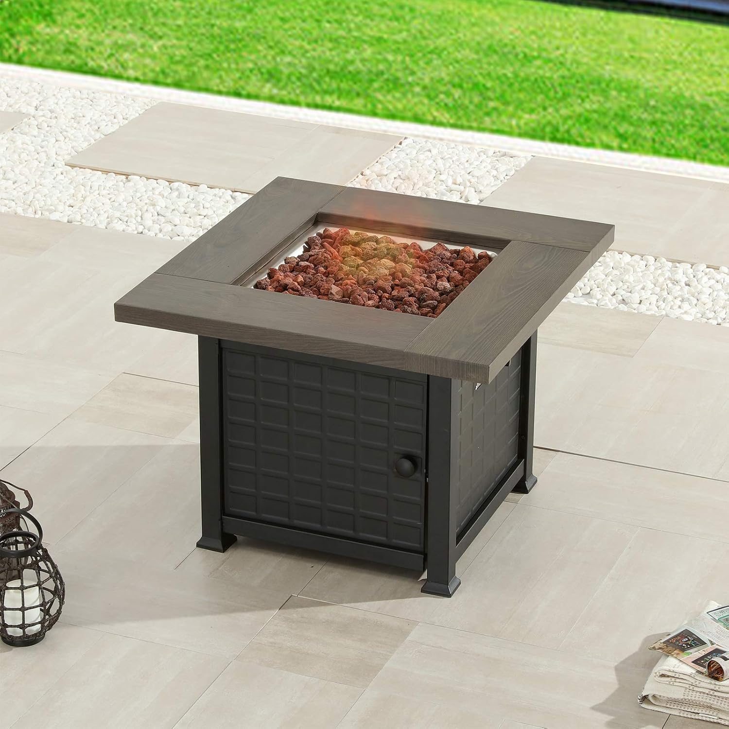 34 Inch Propane Fire Table Square Gas Fire Table Outdoor Firepit Black CSA Certification 50,000 BTU Auto-Ignition with Metal Tabletop, Bronze