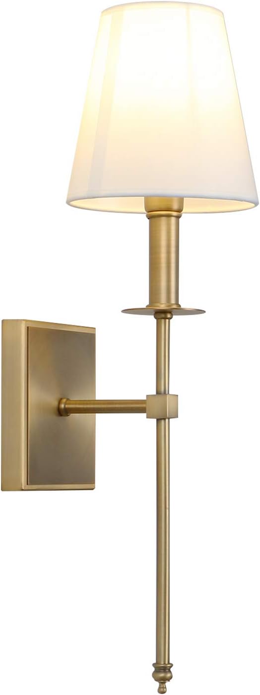 PERMO Single Classic Rustic Industrial Wall Sconce Lighting Fixture with Flared White Textile Lamp Shade and Antique Brass Tapered Column Stand, Hardwired, E26 Base