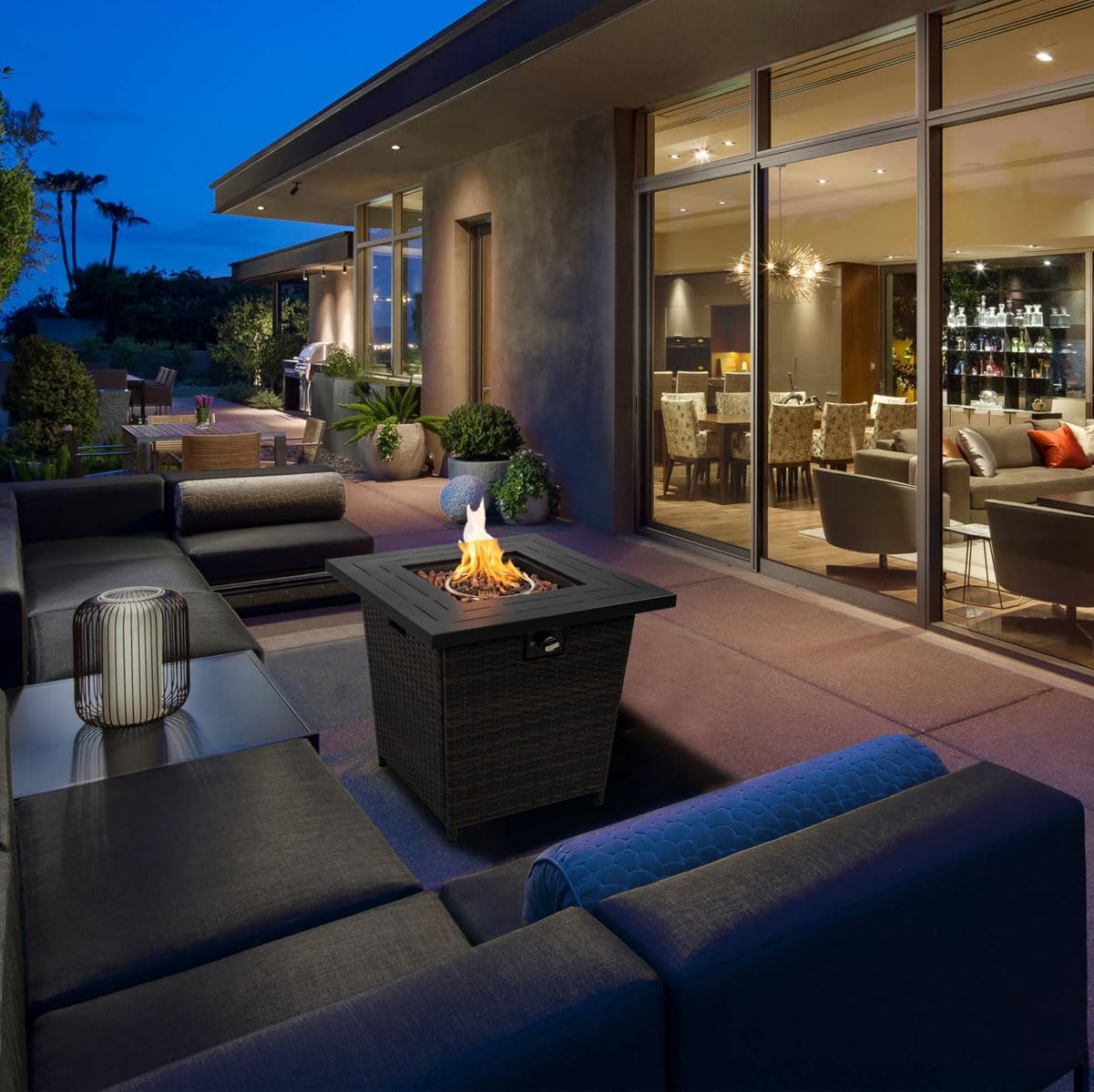 28'' Propane Fire Pit Table, 50,000 BTU Fire Table with Brown Wicker, Laval Rocks, Inclined Leg Design.