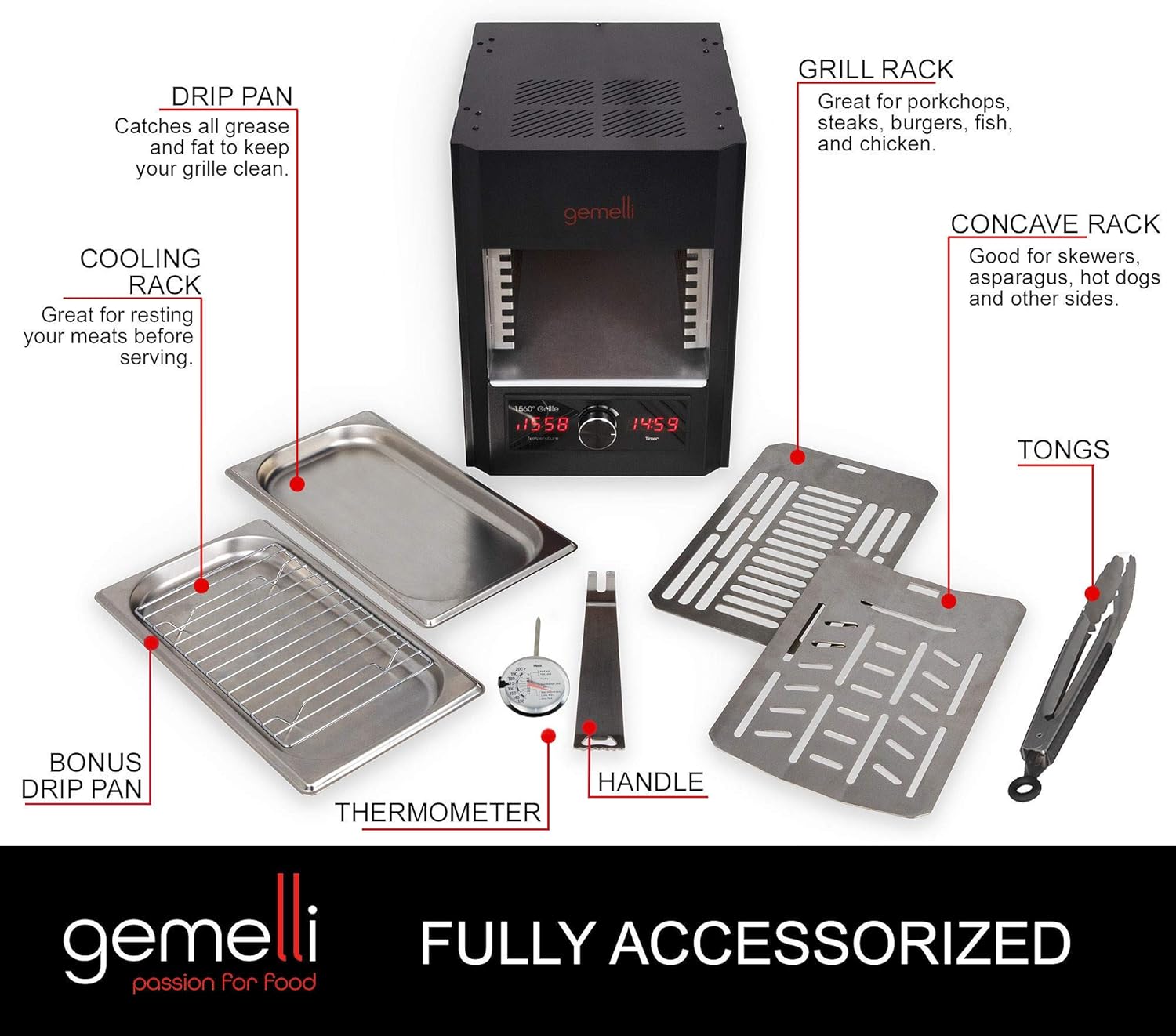 Gemelli Home™ Gourmet Steak Grille (1600 Watt), Steakhouse Quality, Infrared Ceramic Superheating Up to 1560 Degrees, Indoor Electric Infrared Grill and Sear Station, Stainless Steel Accessories