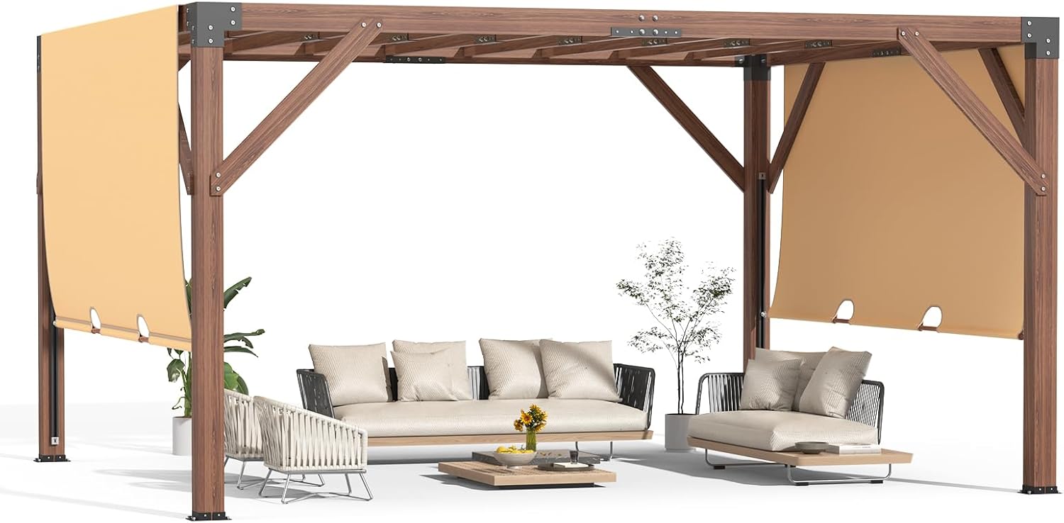 12'X 14' Cedar Wood Pergola, Stylish Outdoor Addition, Retractable Shade Canopy, Durable & Rot Resistant, Versatile Design, for Backyard, Garden, Deck, Outdoor Entertaining