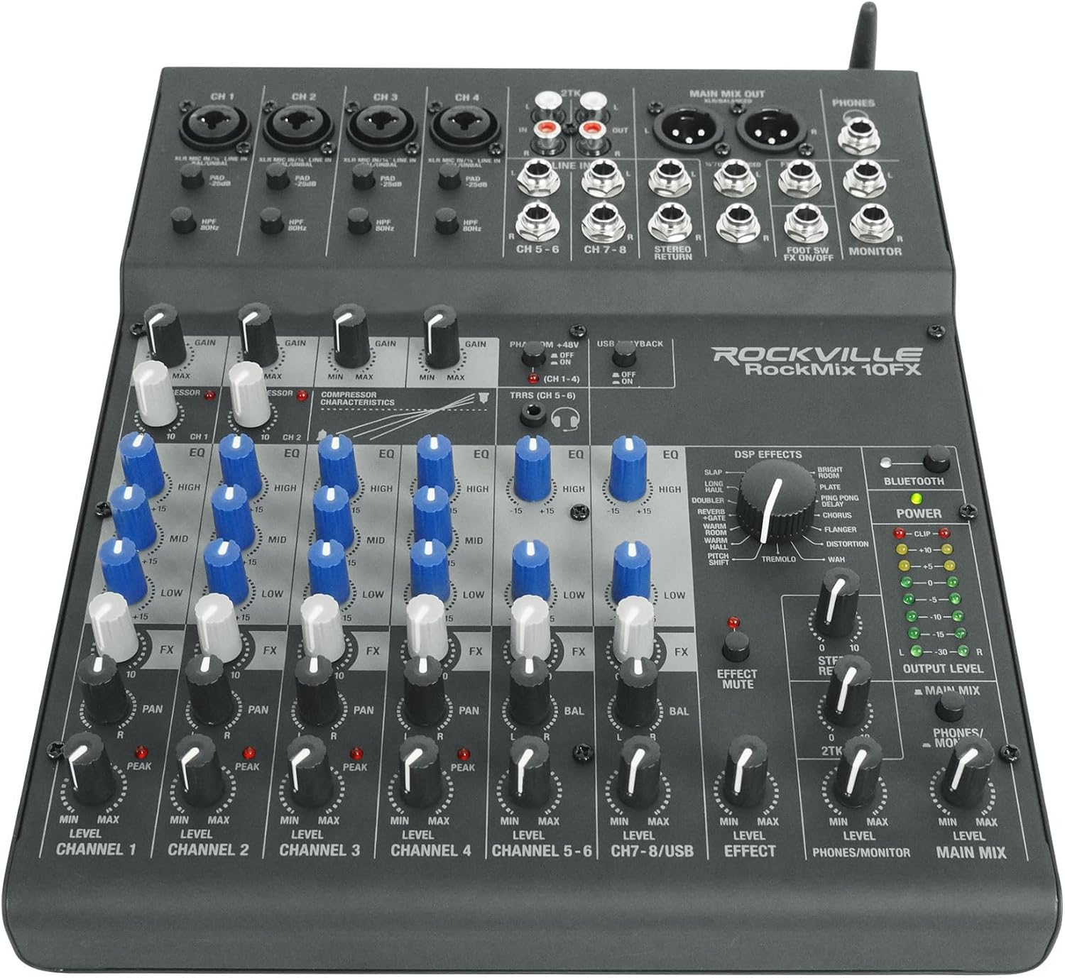 Rockville ROCKMIX 10FX Bundle: 10-Channel USB Mixer, (4) RCM PRO Condenser Microphones, (4) PRO-M50 Studio Headphones, RHPA4 Headphone Amplifier, (4) RDTS Mic Stands, RCTR106B 6 ft TRS Cable, 15-items