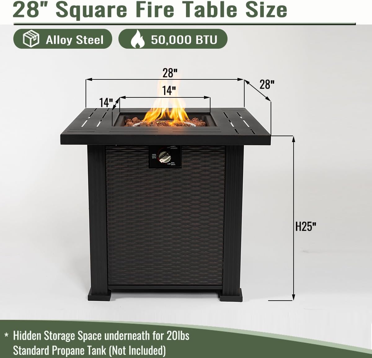 28-inch Square Propane Fire Pit Table, 50,000 BTU Outdoor Gas Fire Table with Metal Lid & Volcanic Rocks for Patio, Deck, Garden Backyard (Black)​