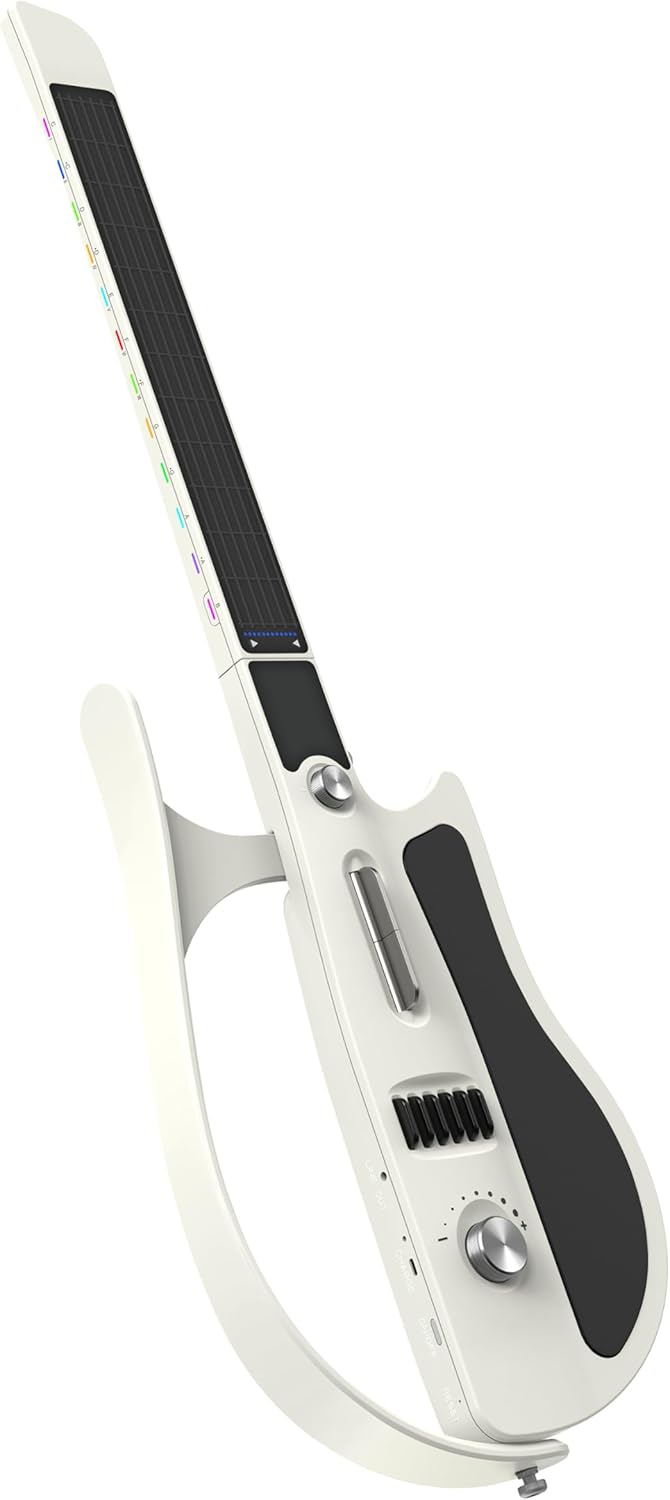 Smart Guitar, Stringless Guitar, Portable and Foldable with App Control, Chord Generator, Built-in Drum Machine & Speakers, 100 Tones, for Beginners & Bands, White