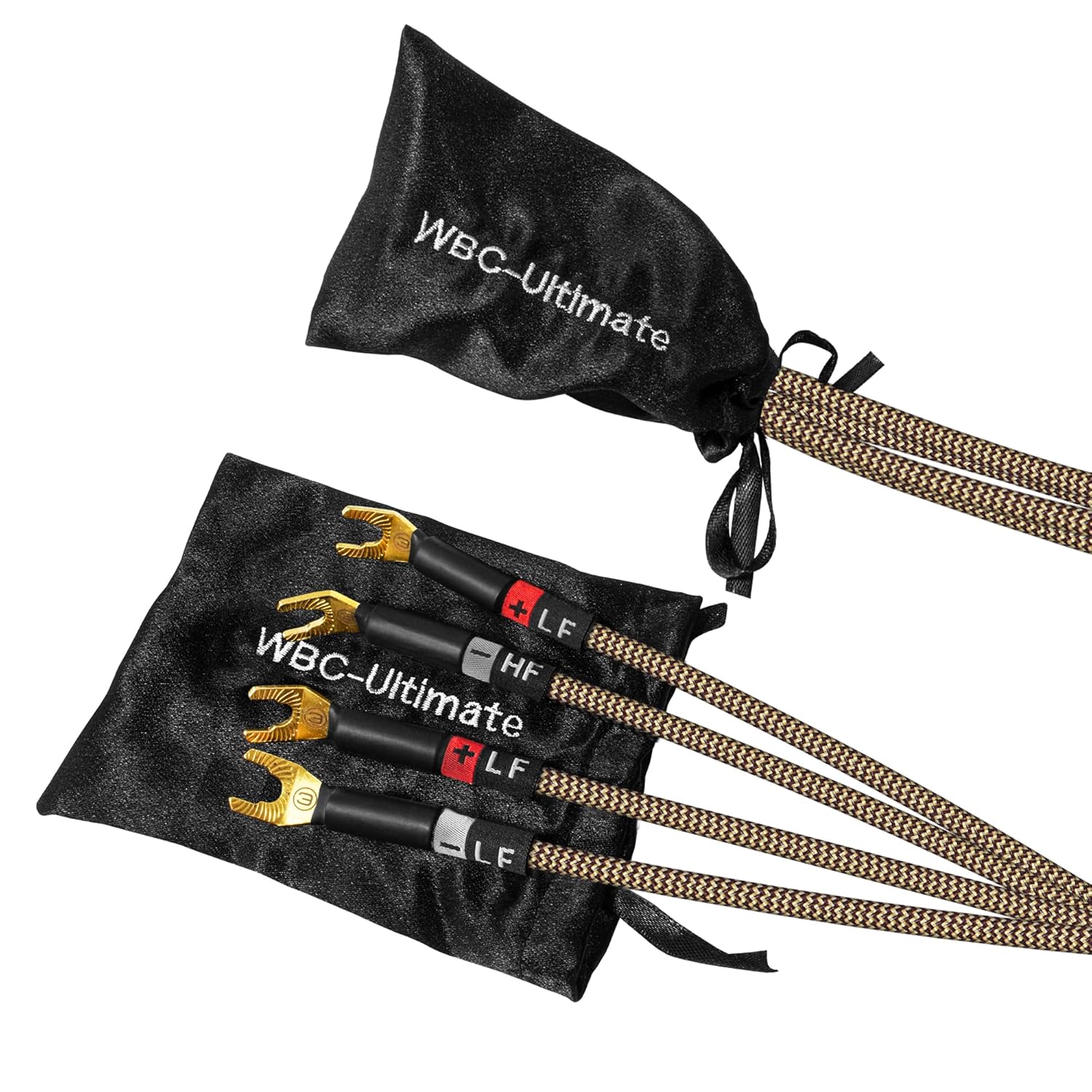 WORLDS BEST CABLES 12 Foot Ultimate - 12 AWG - Ultra-Pure OFC - Premium Audiophile HiFi Bi-Amp Speaker Cable Pair with Eminence Gold Banana (x4) & Spade (x4) Plugs & TnBrwn Tweed Jacket