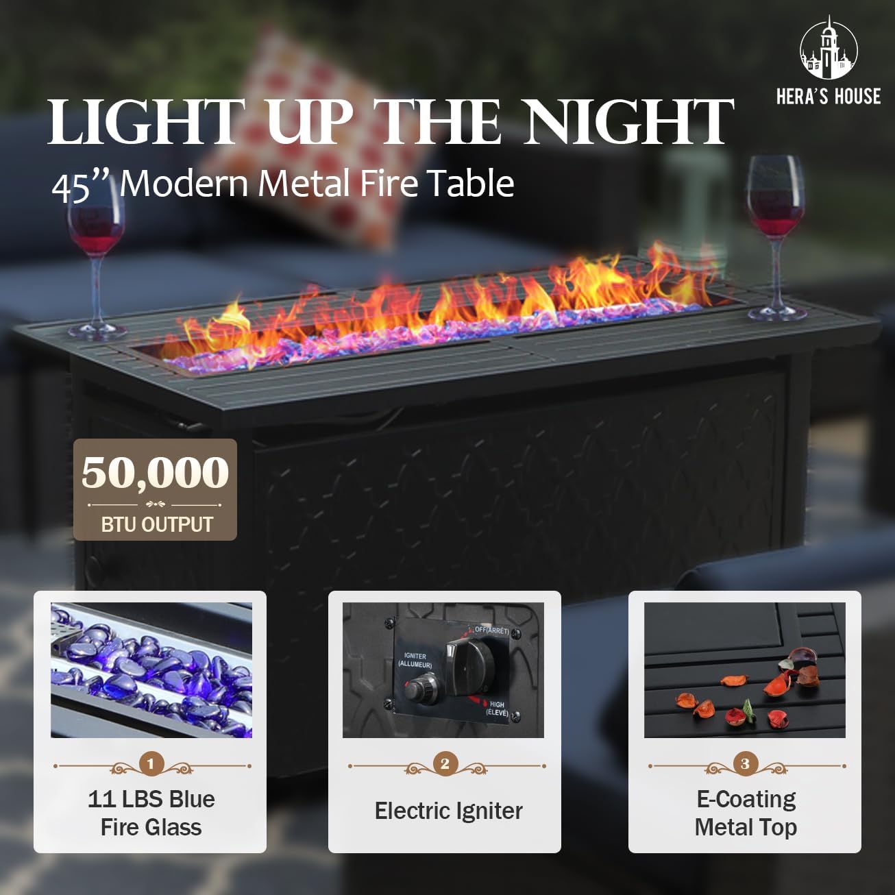 HERA'S HOUSE 6 Pieces Patio Furniture Set with Fire Pit Table, 2 x Swivel Chair, 2 x Ottoman, 3-Seat Sofa with 45