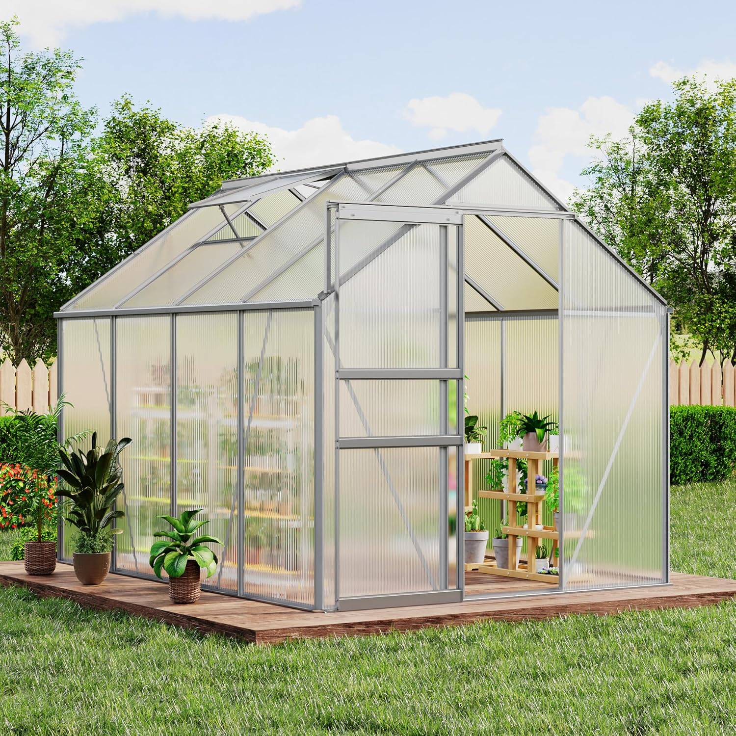 Garvee 6 x 8 FT Outdoor Greenhouse, Polycarbonate Greenhouses with Aluminum Frame, Sliding Door, Adjustable Roof Vent for Backyard, Green Houses for Outside Garden Backyard, Patio, Silver