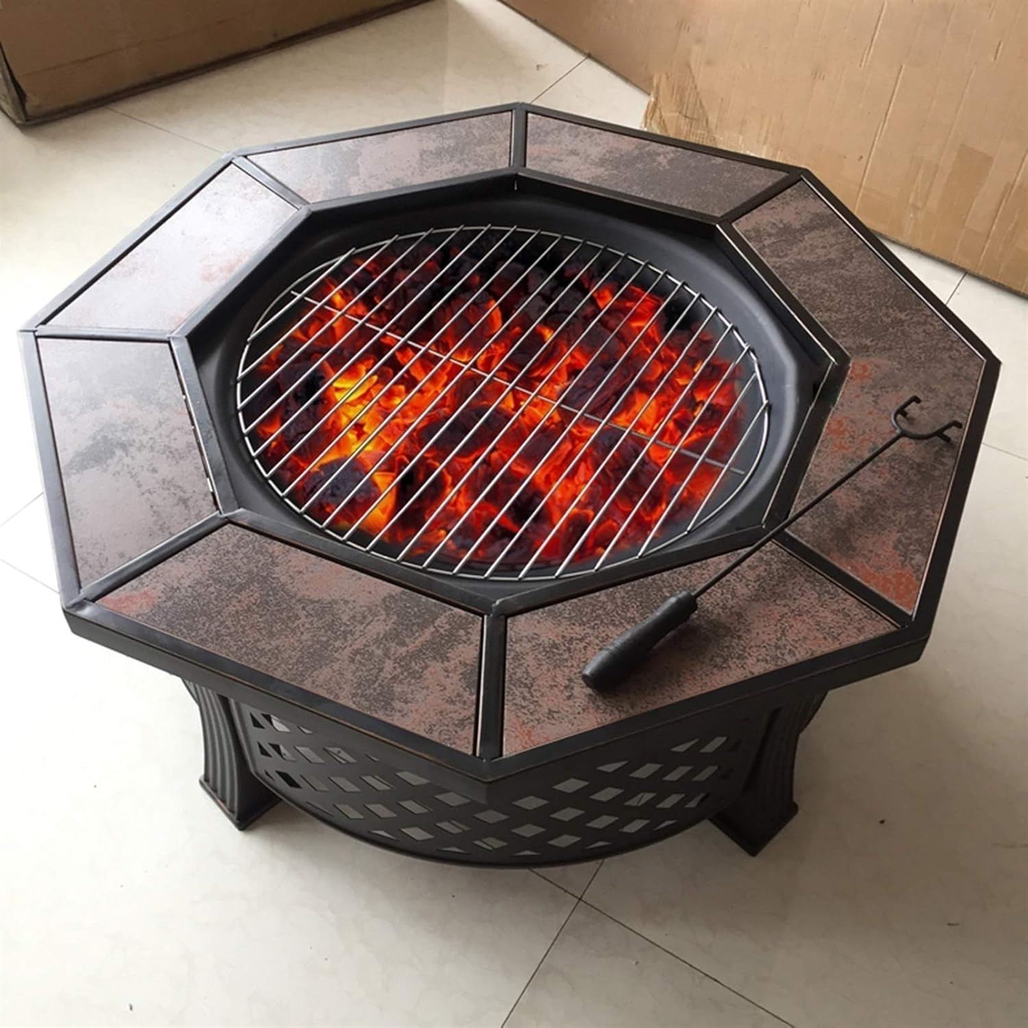 Outdoor Fire Pit Garden Terrace Wood Burning Fire Pit Bowl Barbecue Table, Outdoor Heater with Spark Screen Fireplace Poker, 88cm/34.6