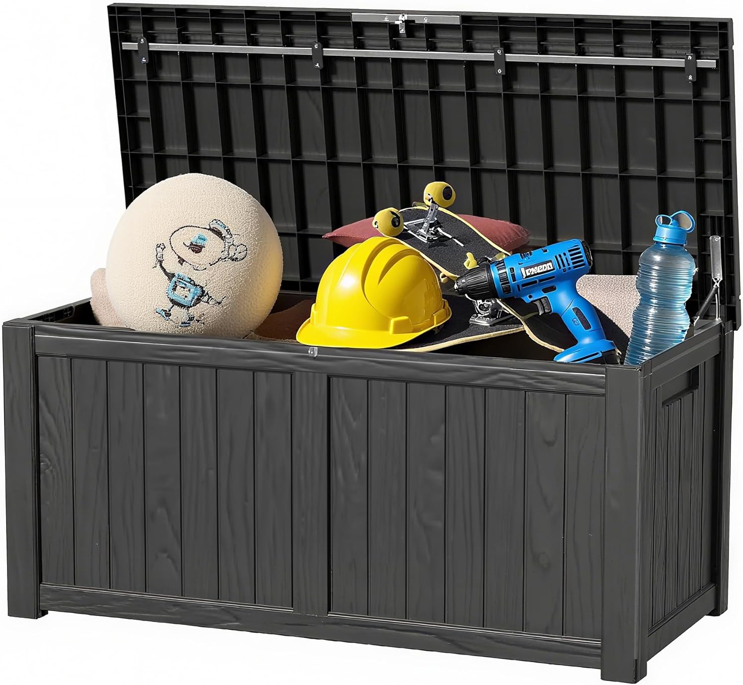 120 Gallon Outdoor Storage Box - Waterproof Resin Deck Box with Stainless Steel Rods - Lockable & Fade Resistant Storage Bin for Patio Cushions & Garden Tools, Black