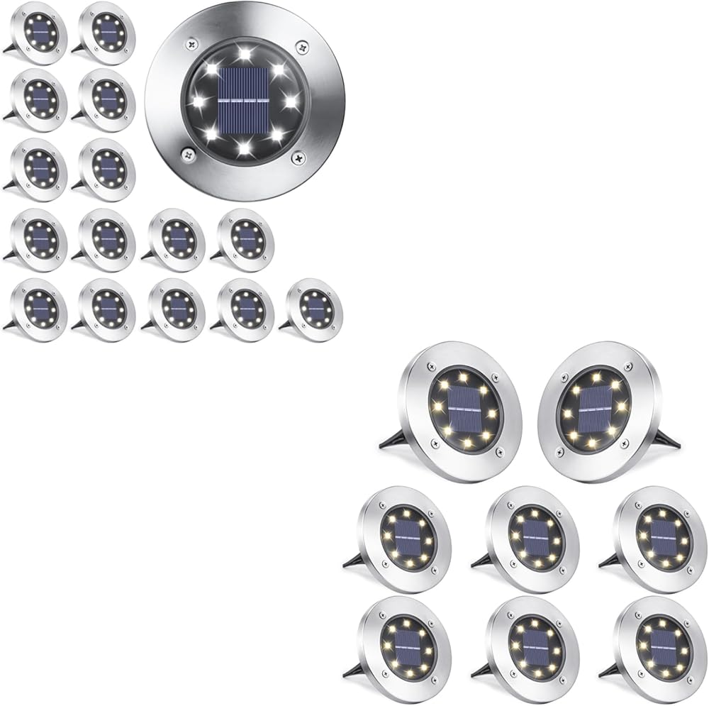 16 Pack +8 Pack 8 LED Solar Disk Lights Waterproof Garden In-ground Pathway Lights Landscape Lighting for Lawn,Yard,Deck,Patio,Walkway (White)