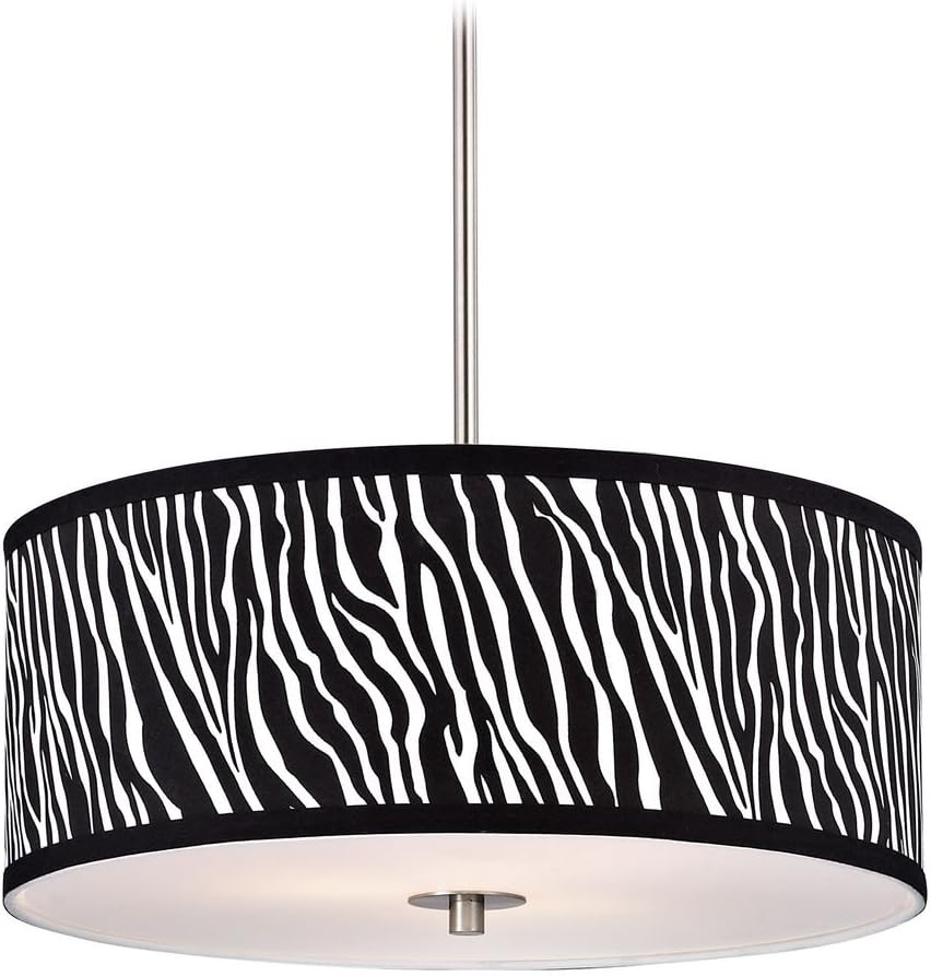 Hanging Drum Pendant Light with Zebra Print Shade and Satin Nickel Finish