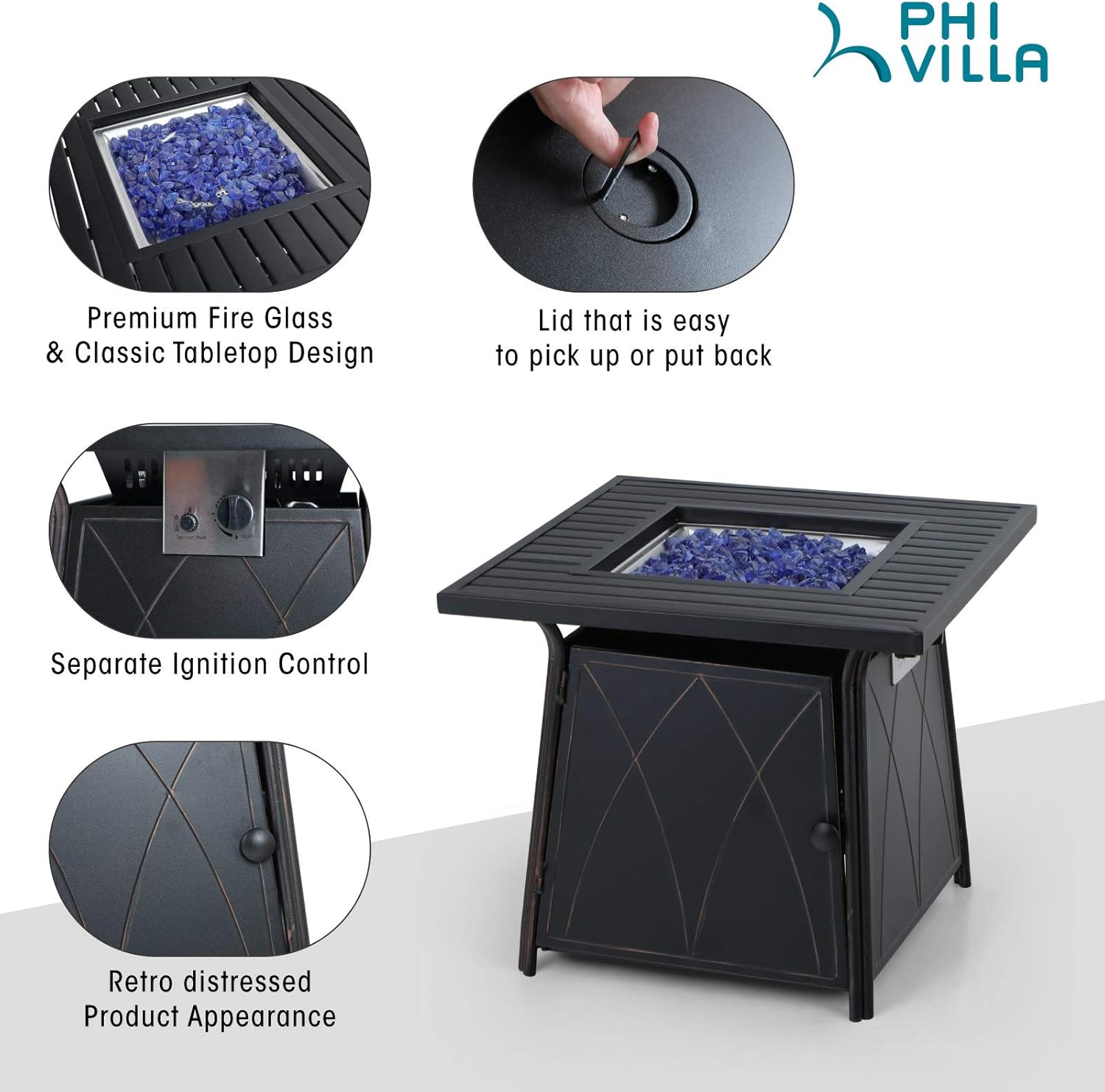 PHI VILLA 4 Piece Outdoor Swivel Rocker Chairs Patio Furniture Set with Gas Fire Pit Table Square, Wicker Patio Conversation Fire Pit Table Set for Garden, Deck, Porch, Backyard (Navy Blue)