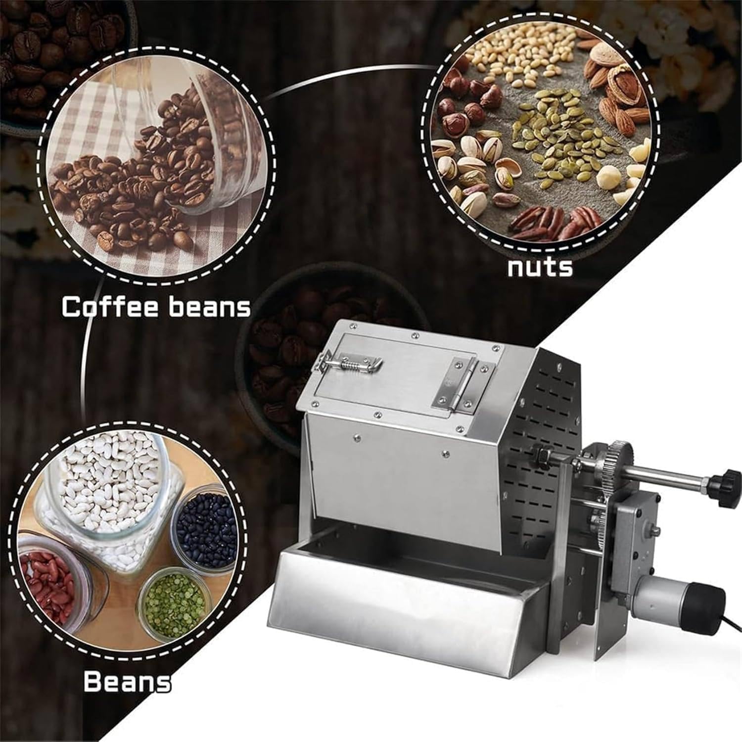 3.4l Stainless Steel Coffee Bean Roaster,Drum Gas Coffee Bean Baker Roasting Machine with Thermometera,5-55rpm/Min Speed and 1.7〜2.2lb/Bake Capacity,360° Constant Temperature