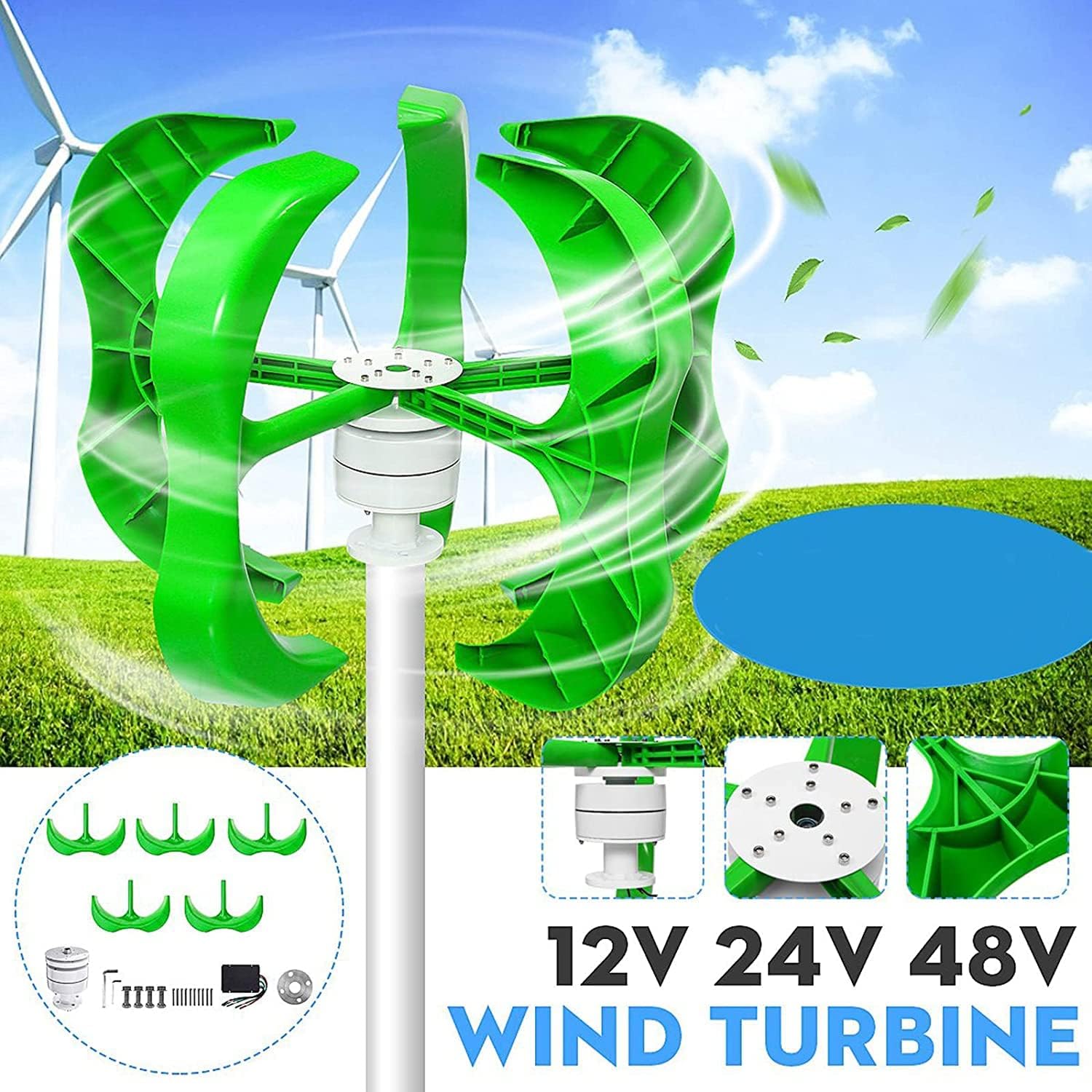 12000 W Wind Turbine Generator with Charge Controller Green 5 Blades Vertical Axi Wind Turbines for Windmill Home Yacht Farm Wind Generator