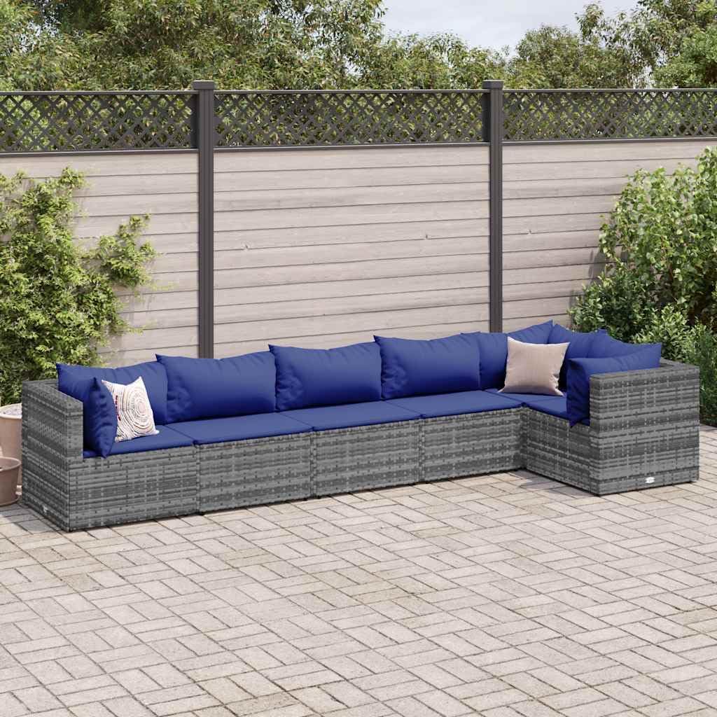 6 Piece Patio Lounge Set with Cushions Gray Poly Rattan, Patio Furniture Sets, Outdoor Furniture