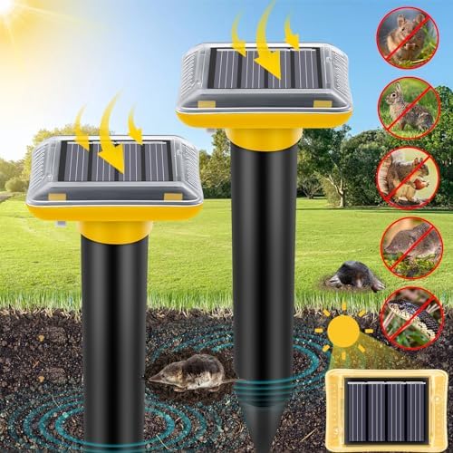 Ultrasonic Mole Repellent Outdoor, 2 Pack Solar-Powered Gopher Mole Repellent for Lawn Yard and Garden, Waterproof Mole Killer Traps, Effectively Repels Mole Snake Vole Groundhog, Yellow