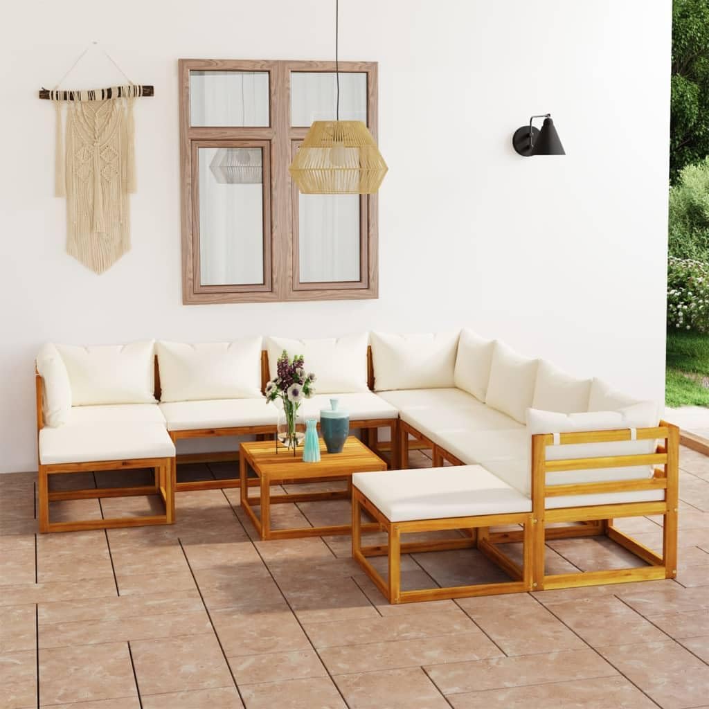 11 Piece Patio Lounge Set with Cushion Cream Solid Acacia Wood Garden Furniture
