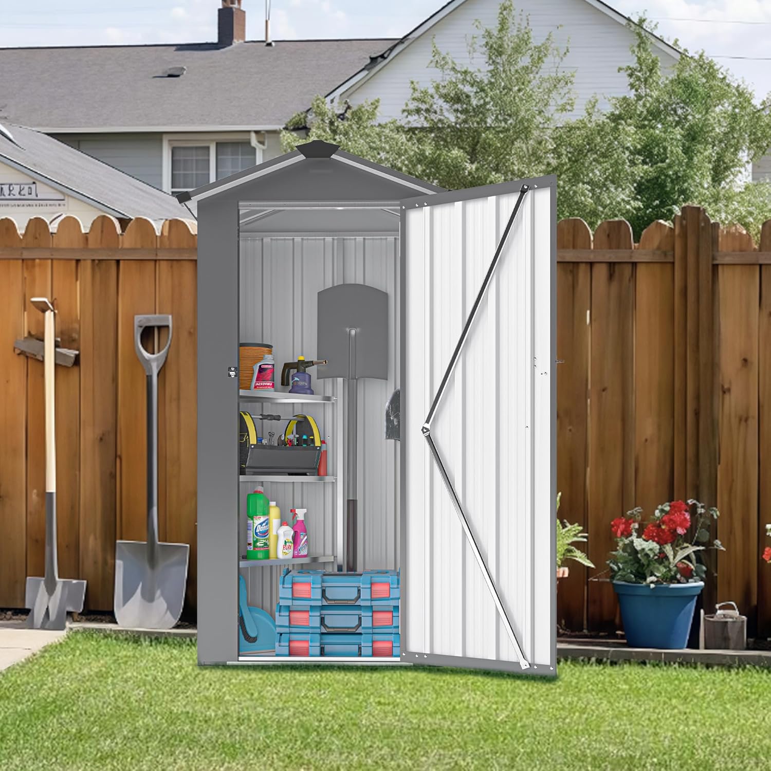 Galvanized Steel Outdoor Storage Shed - Waterproof Metal Utility Cabinet with Lock, 65