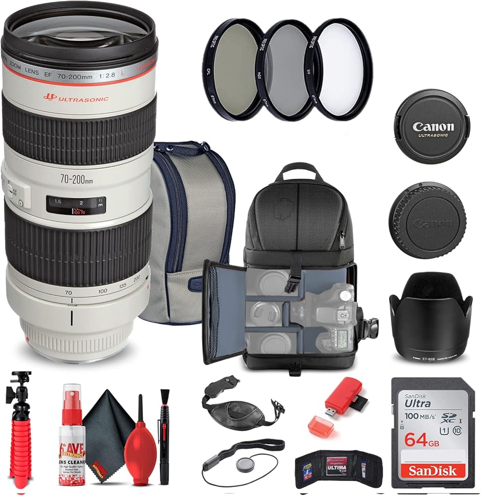 Canon EF 70-200mm f/2.8L USM Lens (2569A004) + Filter Kit + Backpack + 64GB Card + Card Reader + Flex Tripod + Memory Wallet + Cap Keeper + Cleaning Kit + Hand Strap + More (Renewed)