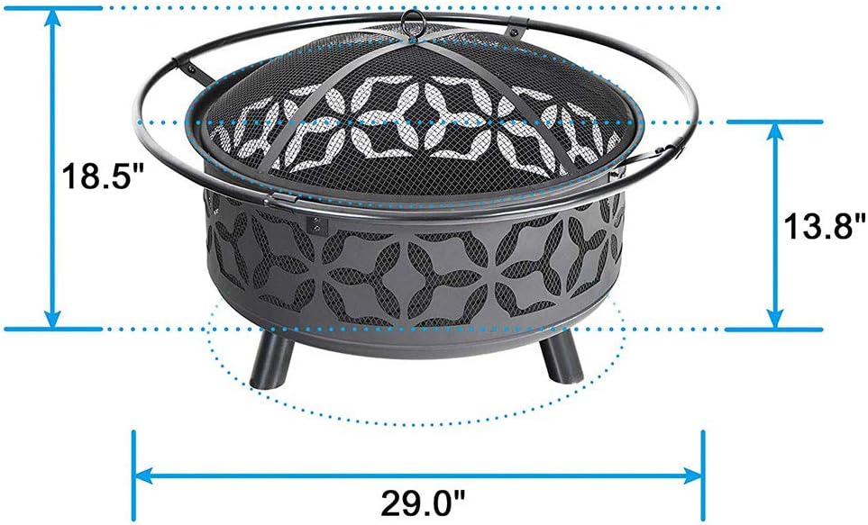 Fire Bowls for Garden, Fire Pit with BBQ Grill Shelf Outdoor Metal Brazier Star Moon Shape Garden Patio Heater Camping Bowl BBQ with Grill, Mesh Lid (Black),Grid