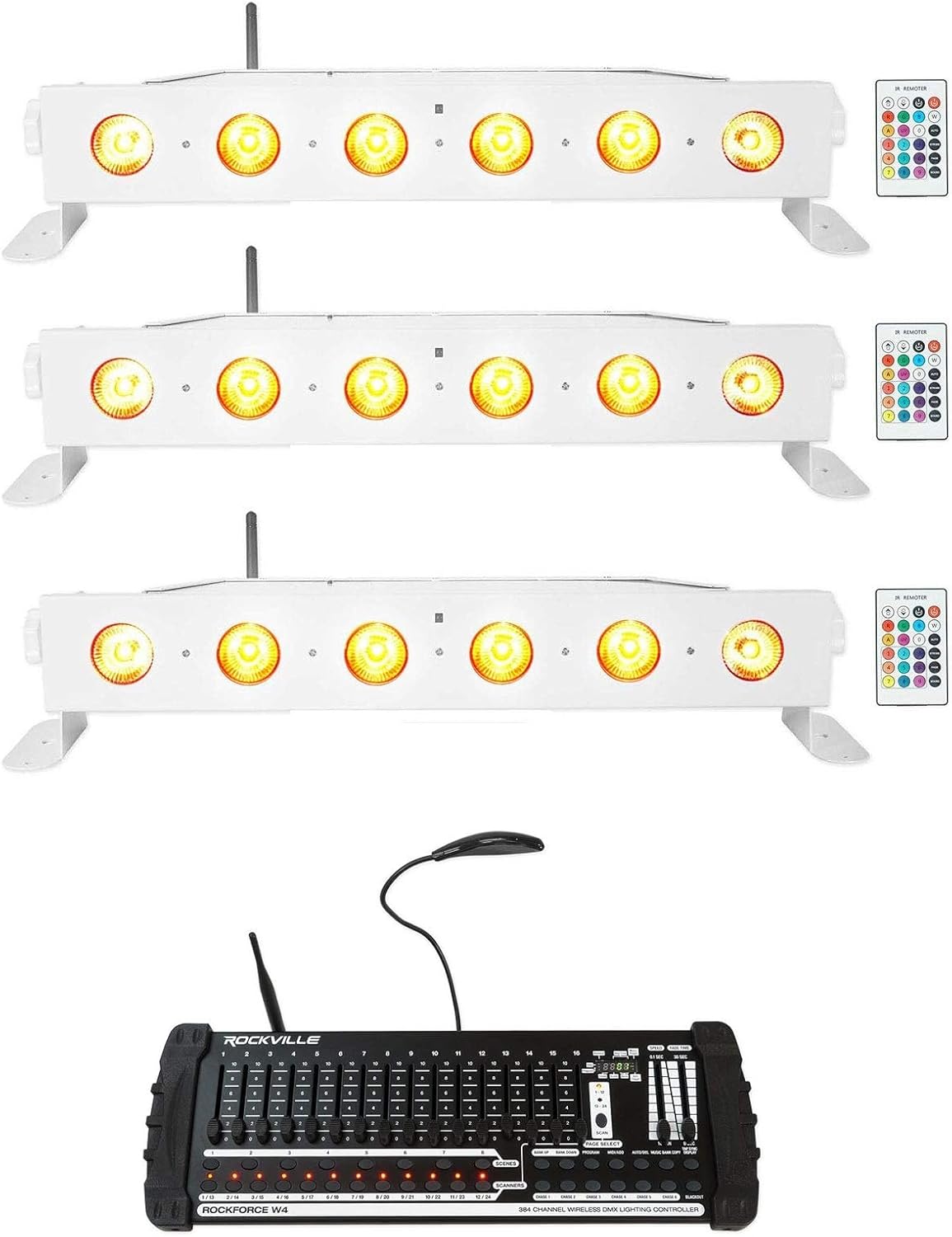 DJ Lighting Bundle: Rockville Best Strip 60 (3) Rechargeable RGBWA UV Strip Wash Lights + ROCKFORCE W4 384-Channel Wireless DMX Controller with MIDI, 4-Items