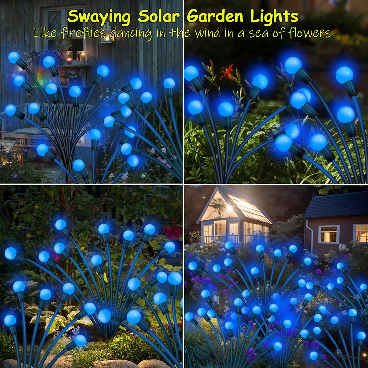 Kohlrabi Solar Garden Lights Outdoor, 10 Pack 80 LED Blue Firefly Lights Waterproof, Sway by Wind, Solar Wind Swaying Light for Yard Patio Backyard Garden Planter Flower Bed Pathway Decoration
