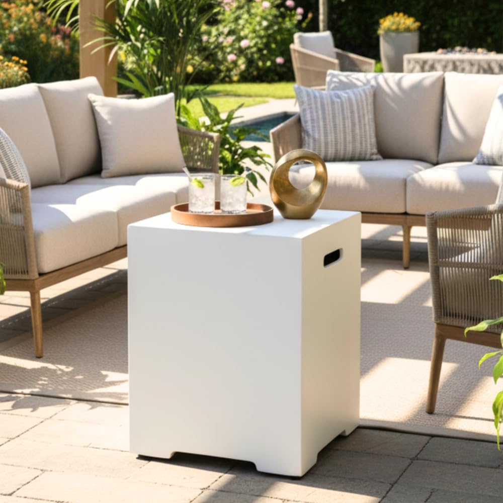 Propane Tank Cover 16 Inch, 20 LB Outdoor Tank Storage Hideaway Table for Gas Fire Pits, Side Table, White