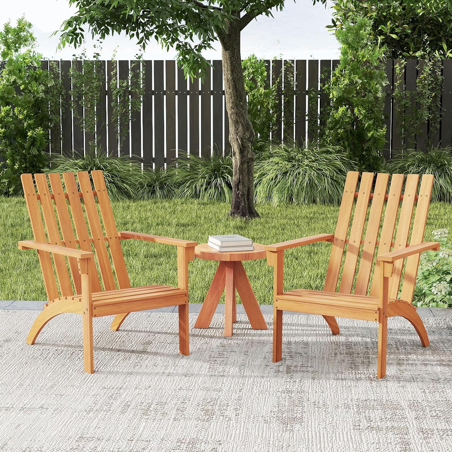 Tangkula Outdoor Adirondack Chair, Solid Acacia Wood Fire Pit Chair with Inclined Backrest, Curved Seat & Wide Armrests, Wooden Lawn Chair for Porch, Patio, Garden, Backyard, Deck (4, Natural)